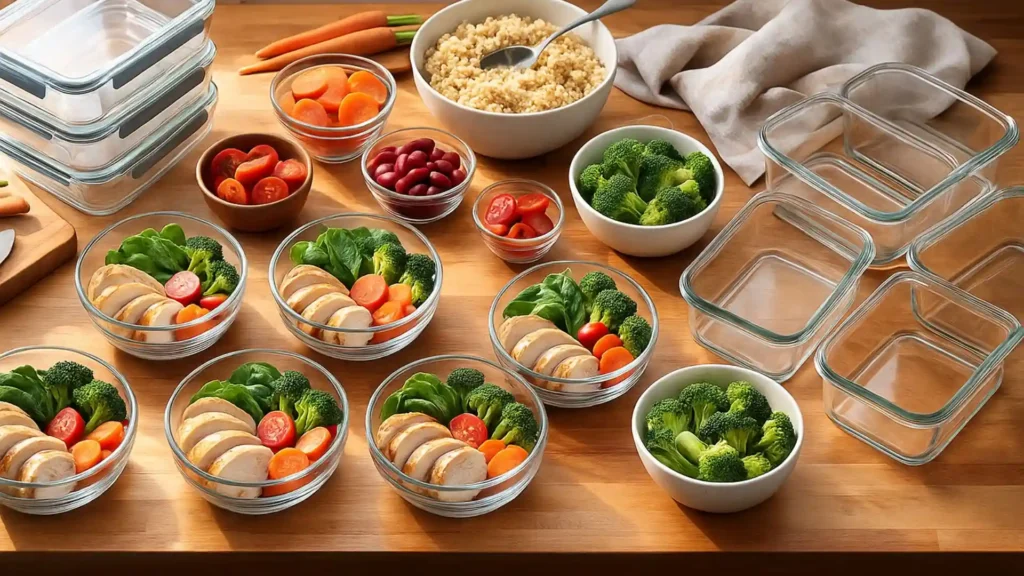 High-protein meal prep with chicken, quinoa, and vegetables on wooden counter.