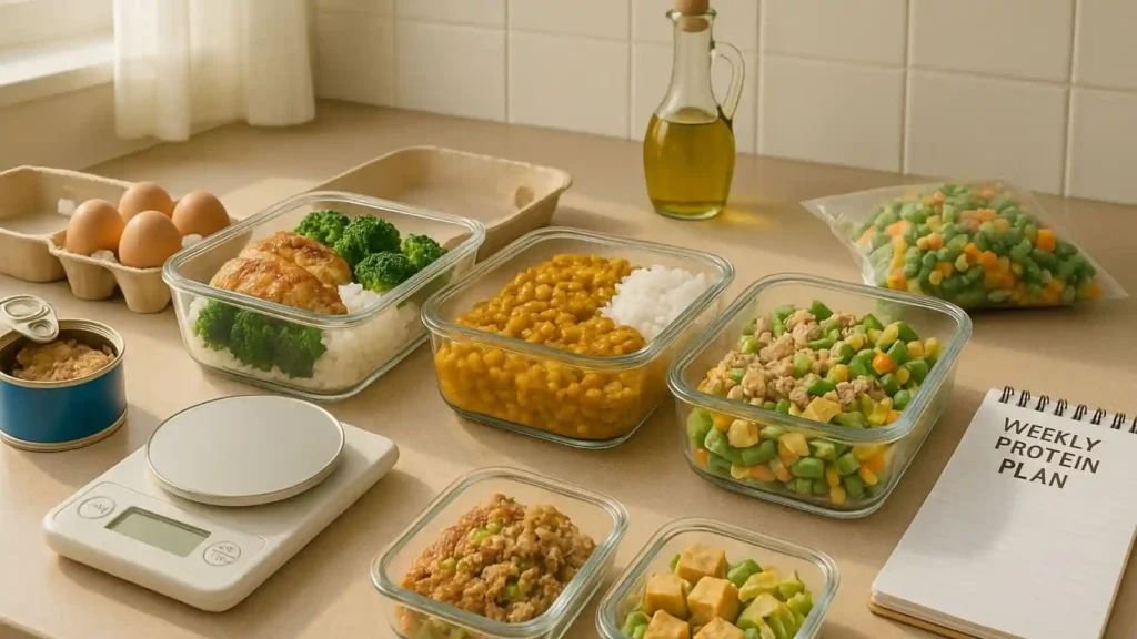 Bright home kitchen counter with reusable containers filled with protein-rich meals including roasted chicken bowls, lentil curry, and tofu stir-fry, surrounded by budget ingredients like eggs, canned tuna, and frozen vegetables, plus a notepad labeled “Weekly Protein Plan” and a measuring scale in soft morning light.