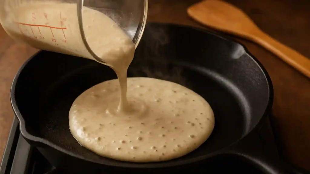 Sourdough pancake batter poured onto a hot skillet.