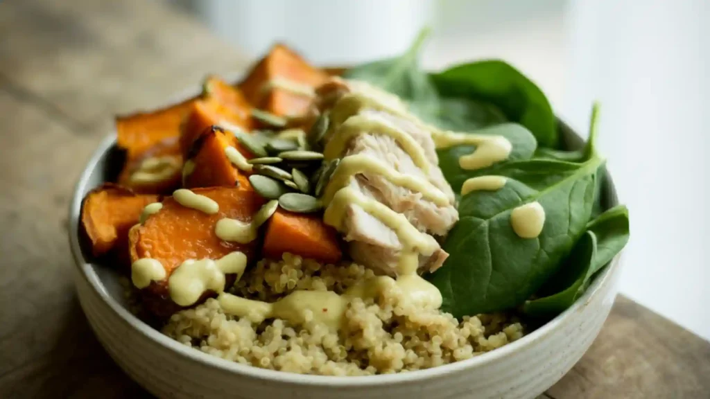 Easy healthy fall harvest bowl with seasonal ingredients.