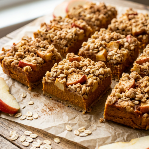 Finished pumpkin apple crumble bars on parchment paper.