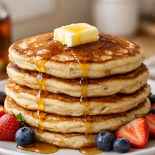 Finished stack of sourdough pancakes with syrup.