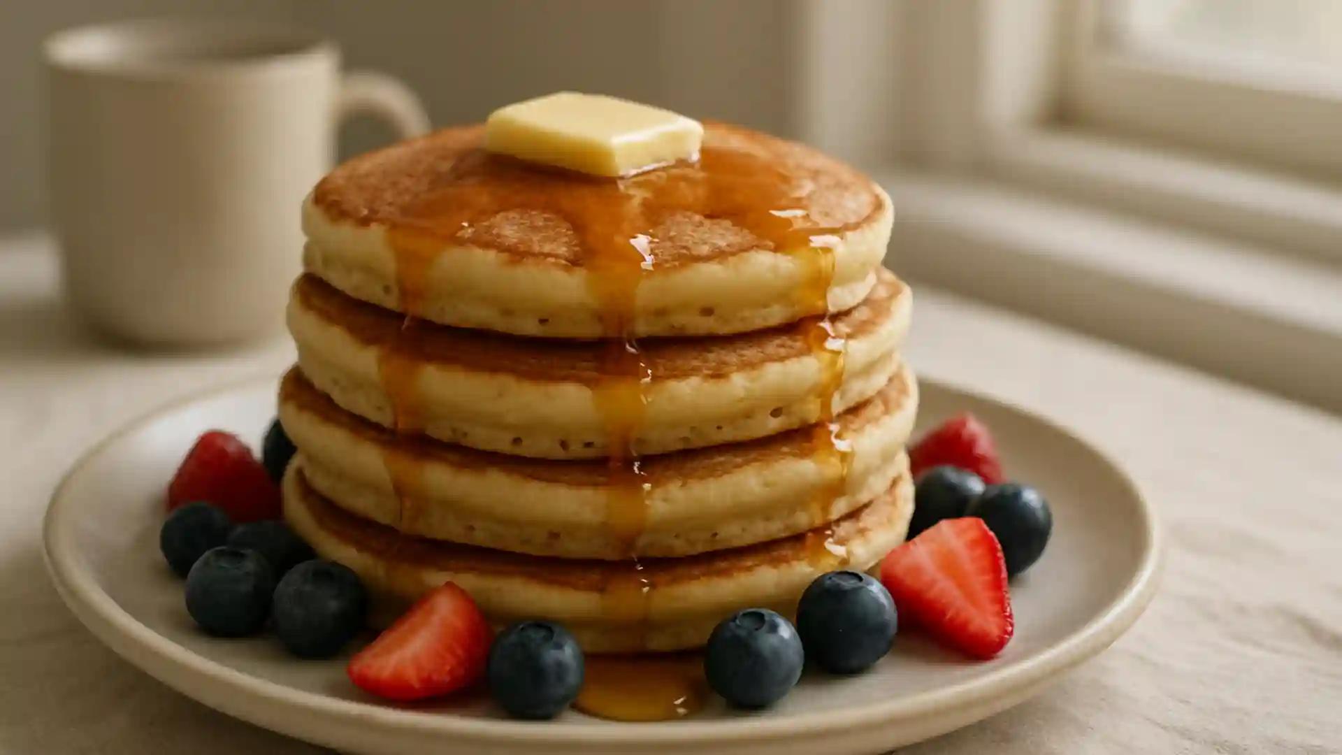 Stack of fluffy sourdough pancakes with butter, syrup, and berries.