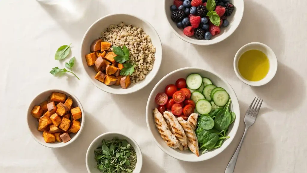 Fresh everyday meal inspiration with colorful vegetables, grains, and lean proteins in a top-down layout.