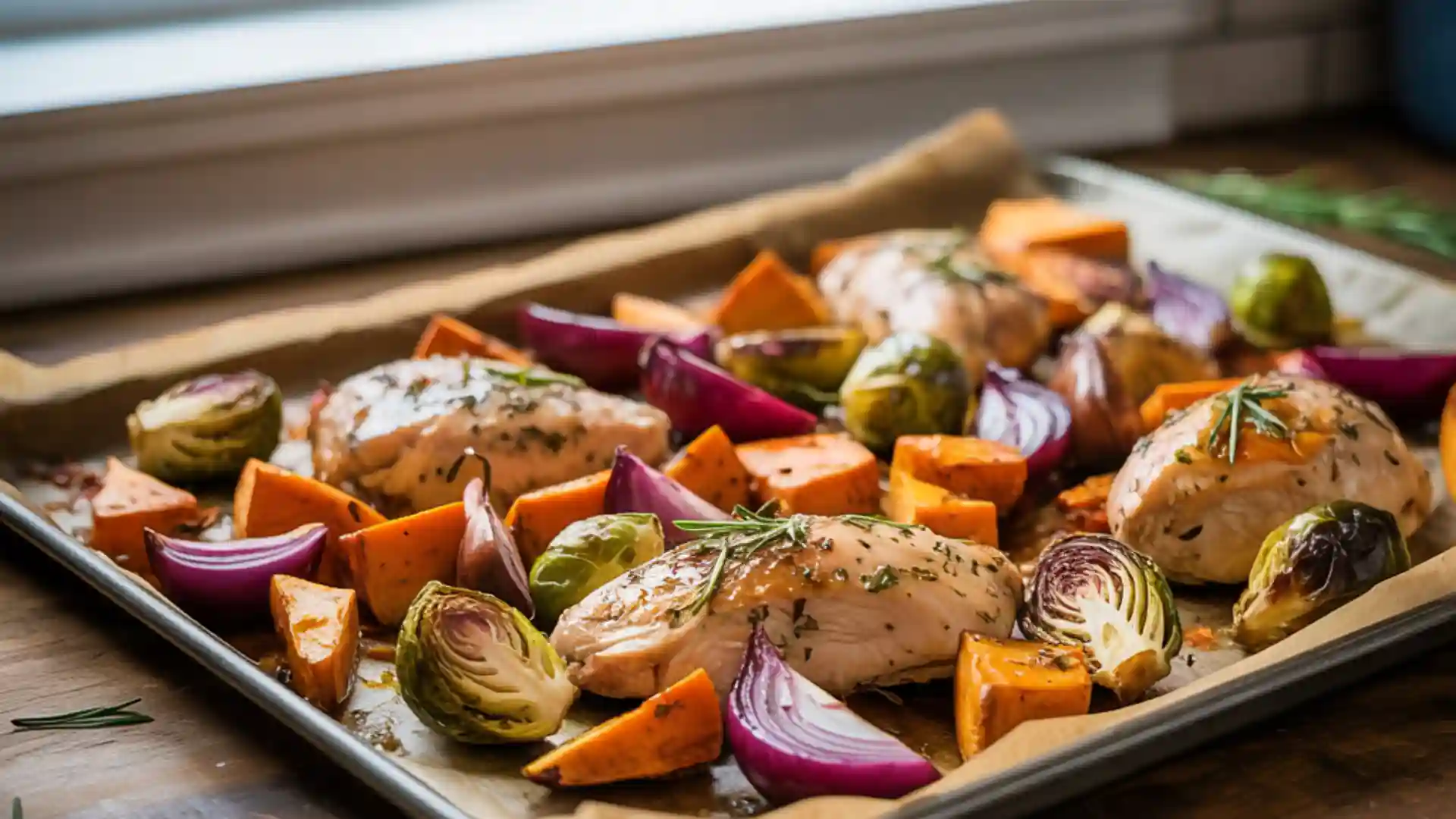 Healthy fall sheet pan dinner with roasted vegetables and protein.