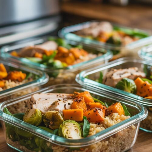 Meal prep containers with quinoa, roasted veggies, and lean protein.