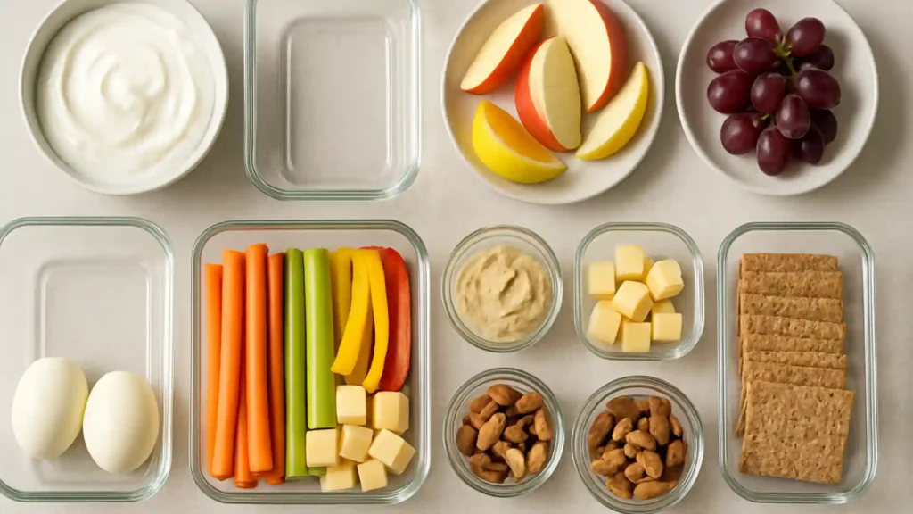 Meal prep snack ingredients arranged on a kitchen counter.