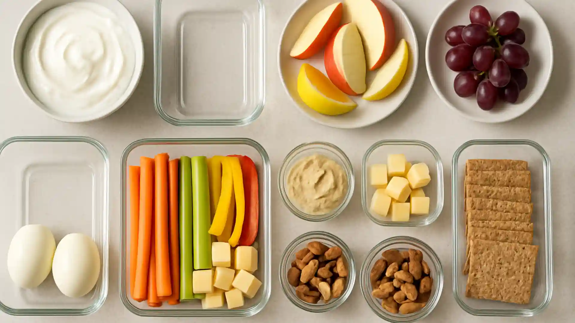 Meal prep snack ingredients arranged on a kitchen counter.
