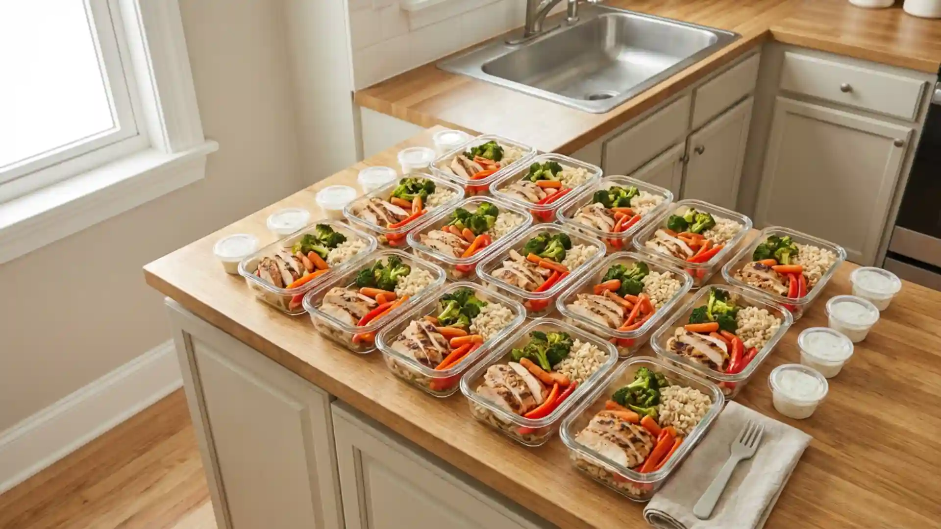 High-protein meal prep containers with chicken, rice, and vegetables.