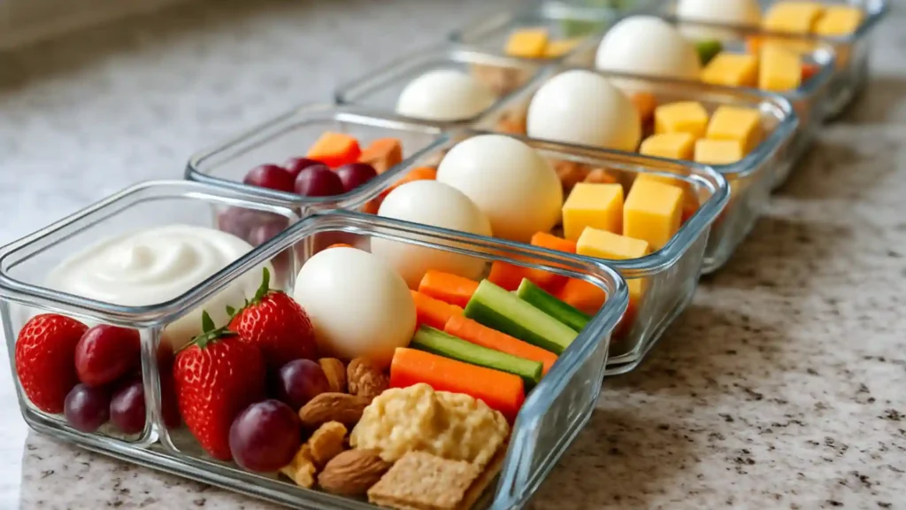 Finished meal prep snack boxes on a kitchen counter.