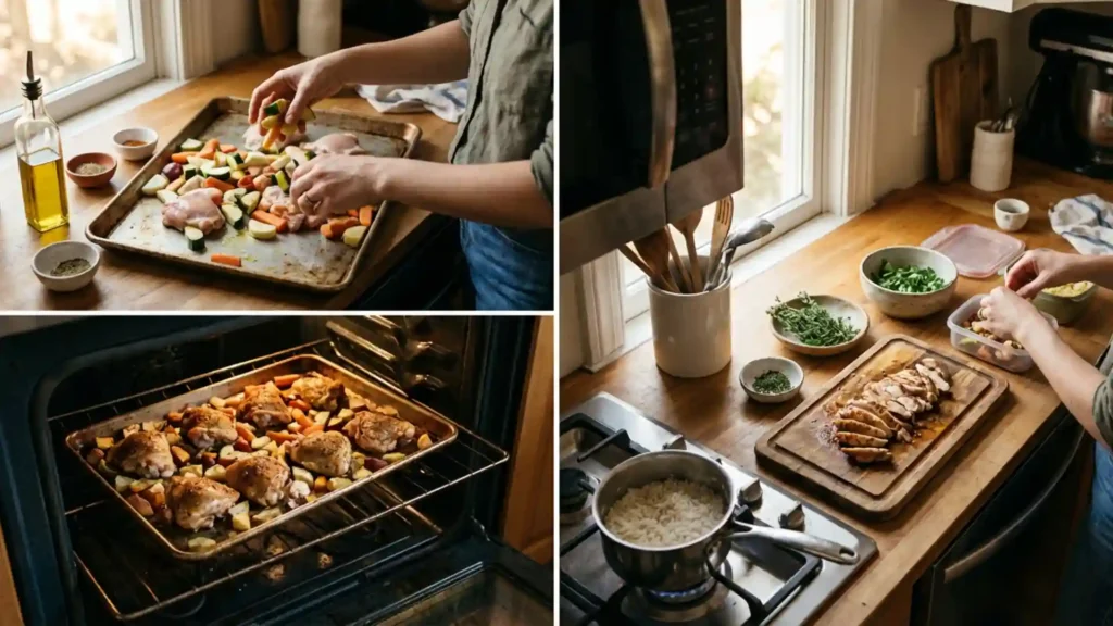Sheet pan chicken and vegetables roasting for meal prep.