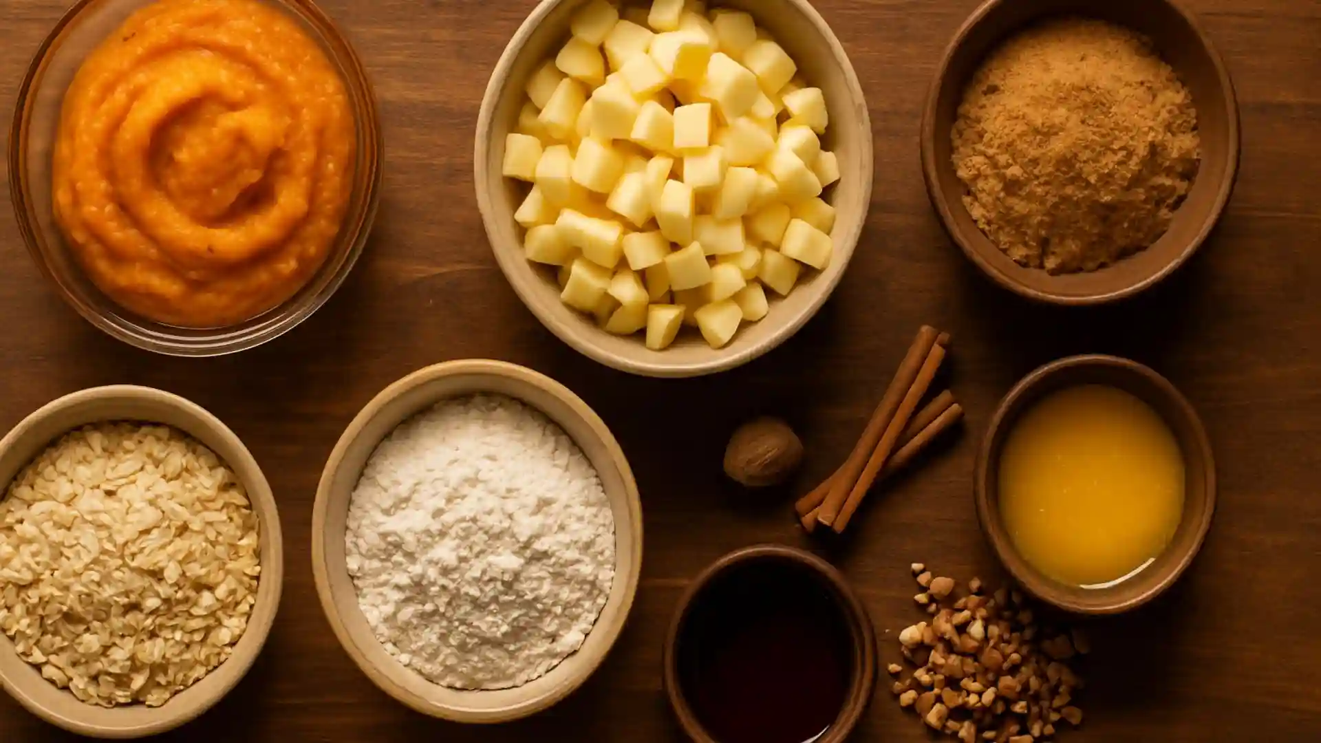 Pumpkin apple crumble bar ingredients arranged on a wooden table.