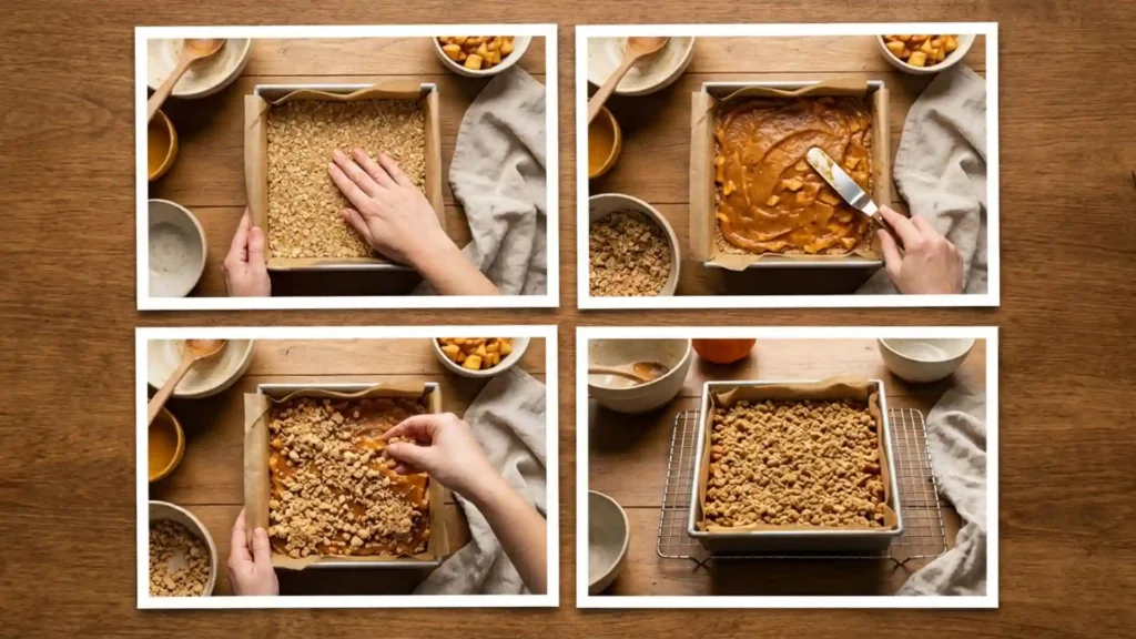 Assembling pumpkin apple crumble bars in a baking pan.