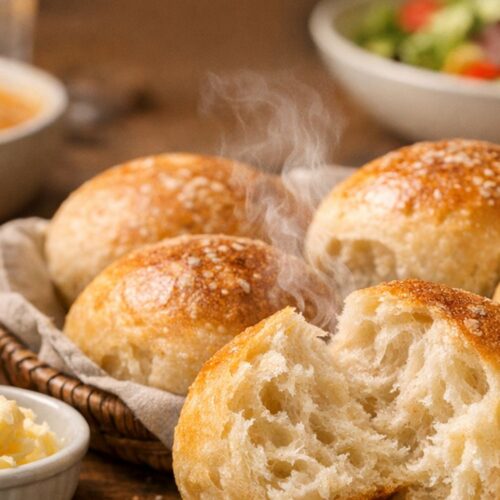 Fresh sourdough rolls served at the table.