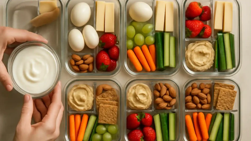 Hands assembling meal prep snack boxes.