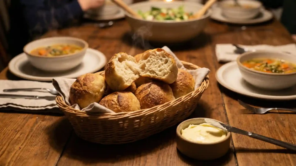 Warm sourdough dinner rolls with airy crumb on a table.