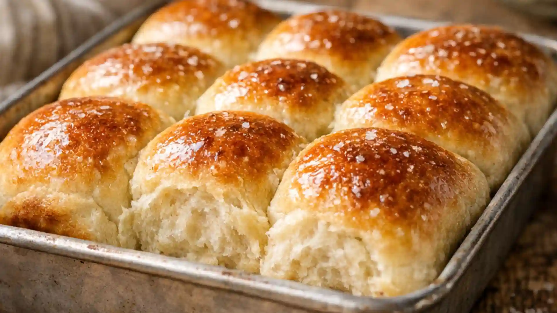 Warm pull-apart sourdough dinner rolls in a baking pan.