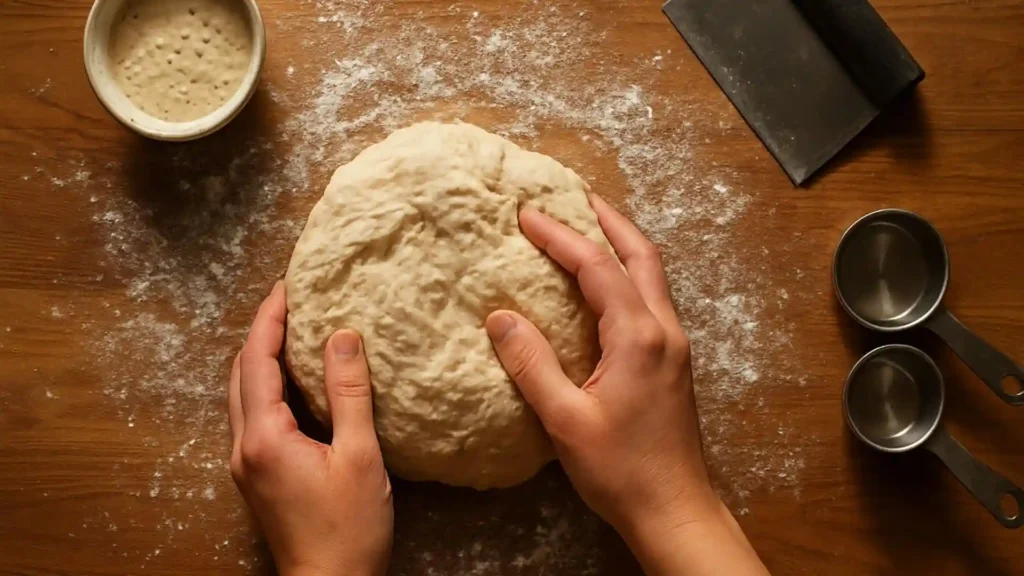 Kneading sourdough roll dough on a wooden countertop.