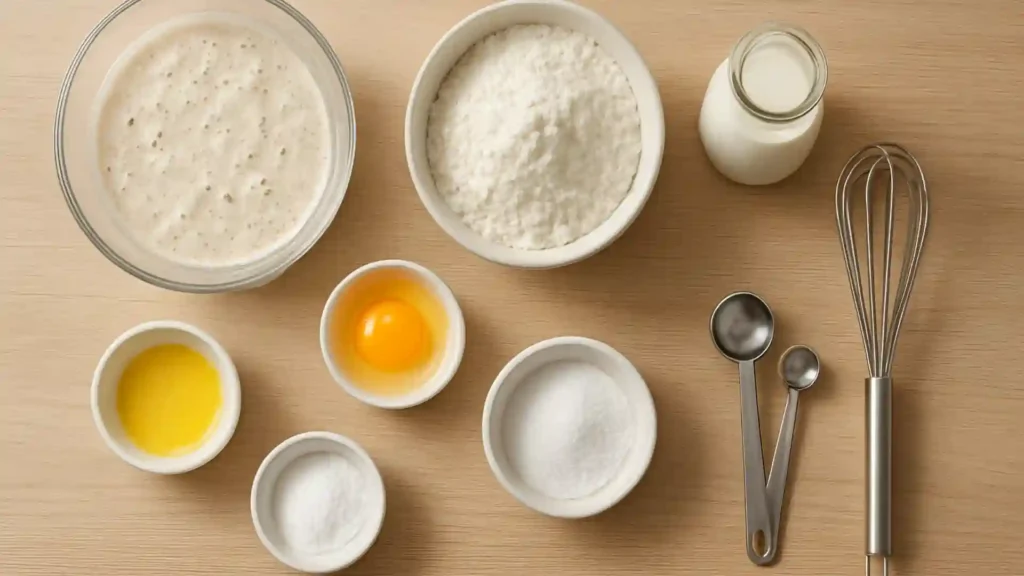 Sourdough pancake ingredients arranged on a wooden table.