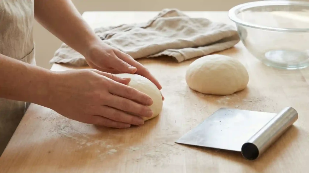 Shaping sourdough dinner roll dough by hand.