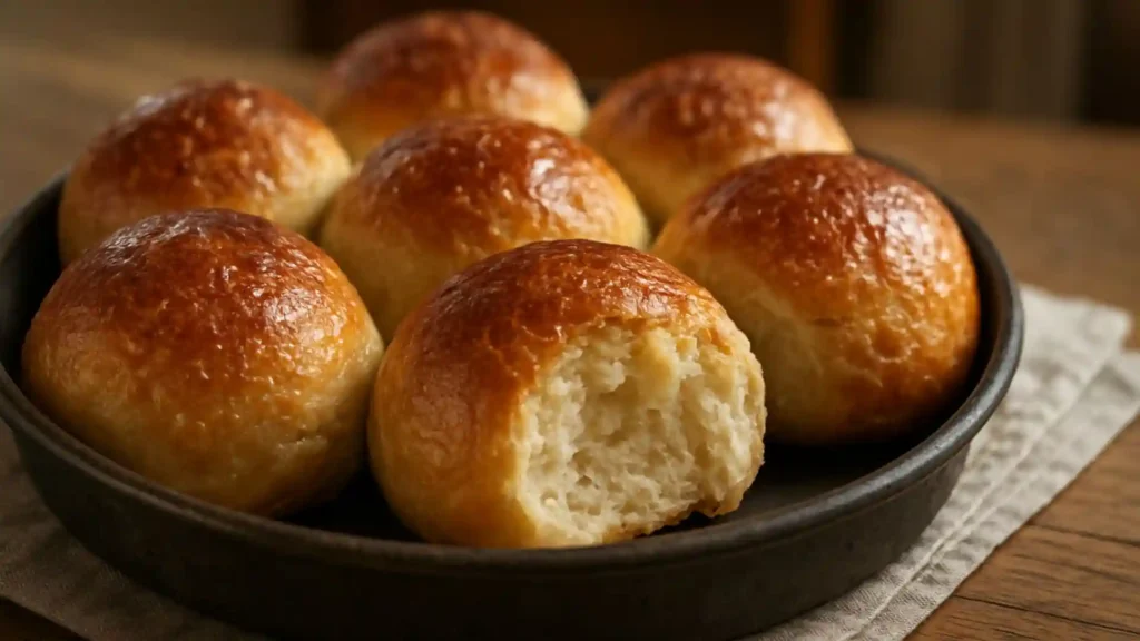 Freshly baked sourdough rolls with golden tops.
