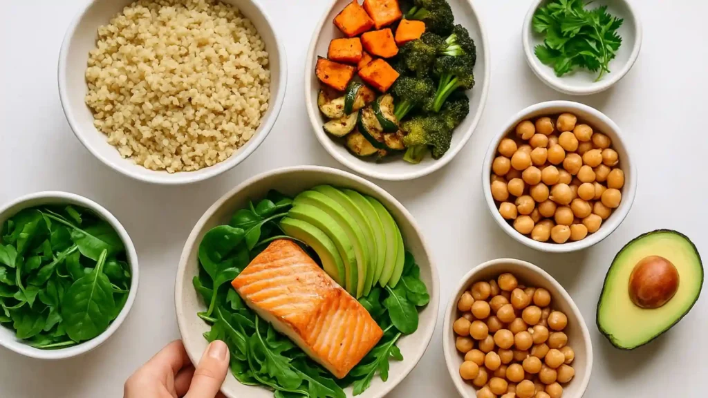 Flat-lay of whole-food bowls with quinoa, roasted vegetables, avocado, salmon, greens, chickpeas, and herbs on a bright kitchen counter.