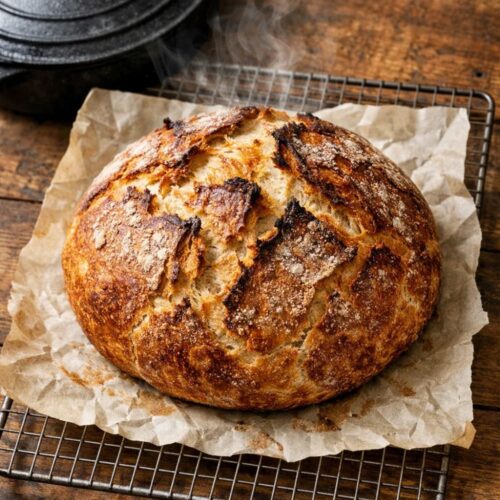 Baking and finished Dutch oven bread loaf.