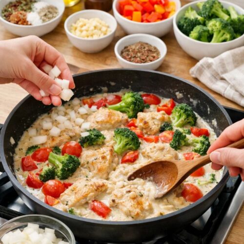 Step-by-step cooking process in a skillet.