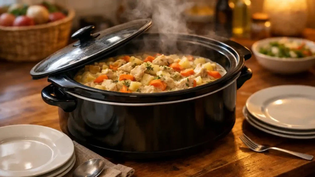 Crockpot with creamy chicken, potatoes, and carrots.