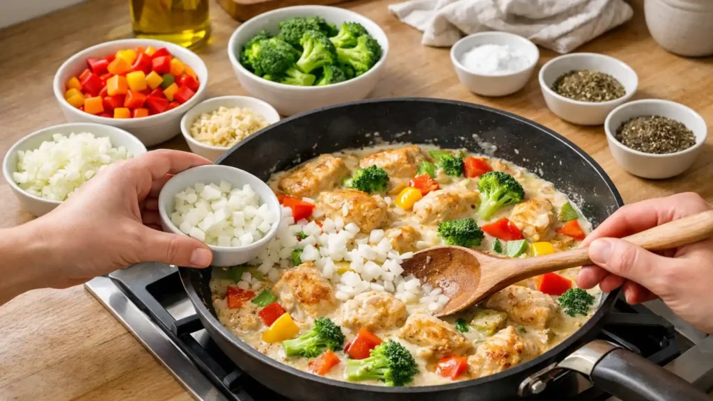 Creamy garlic chicken cooking in a skillet.