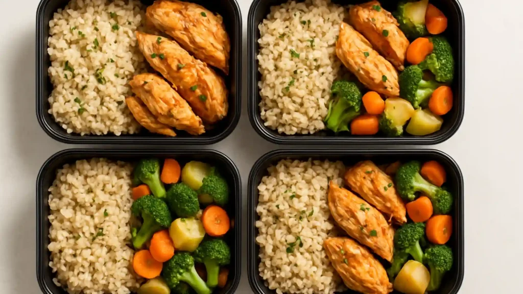 Healthy crockpot meal prep containers with chicken, veggies, and rice.