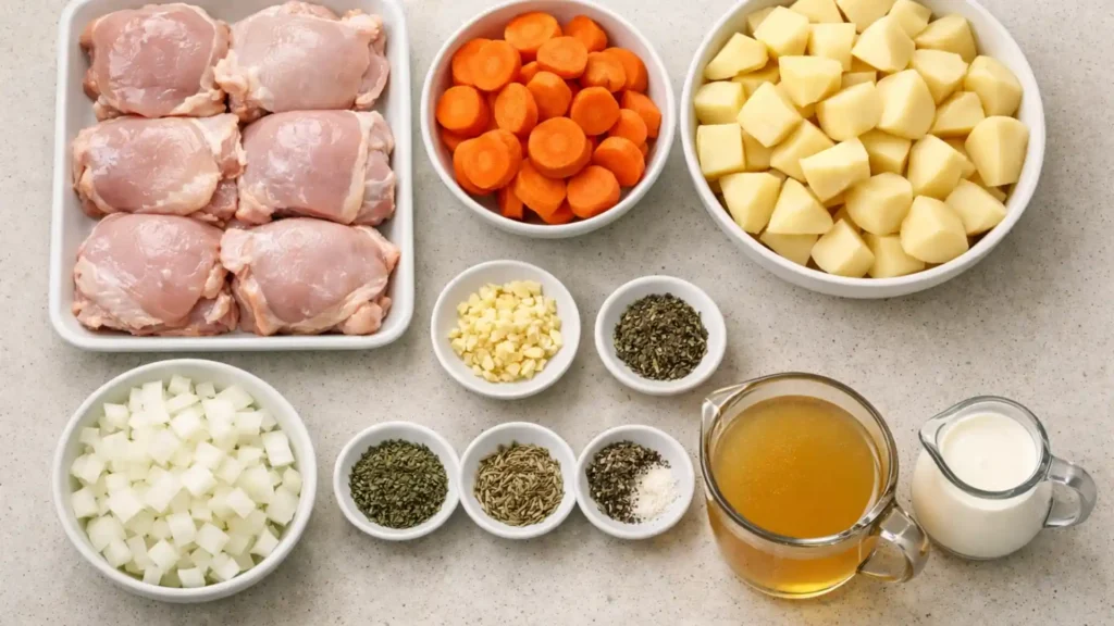 Crockpot meal prep ingredients on a kitchen counter.