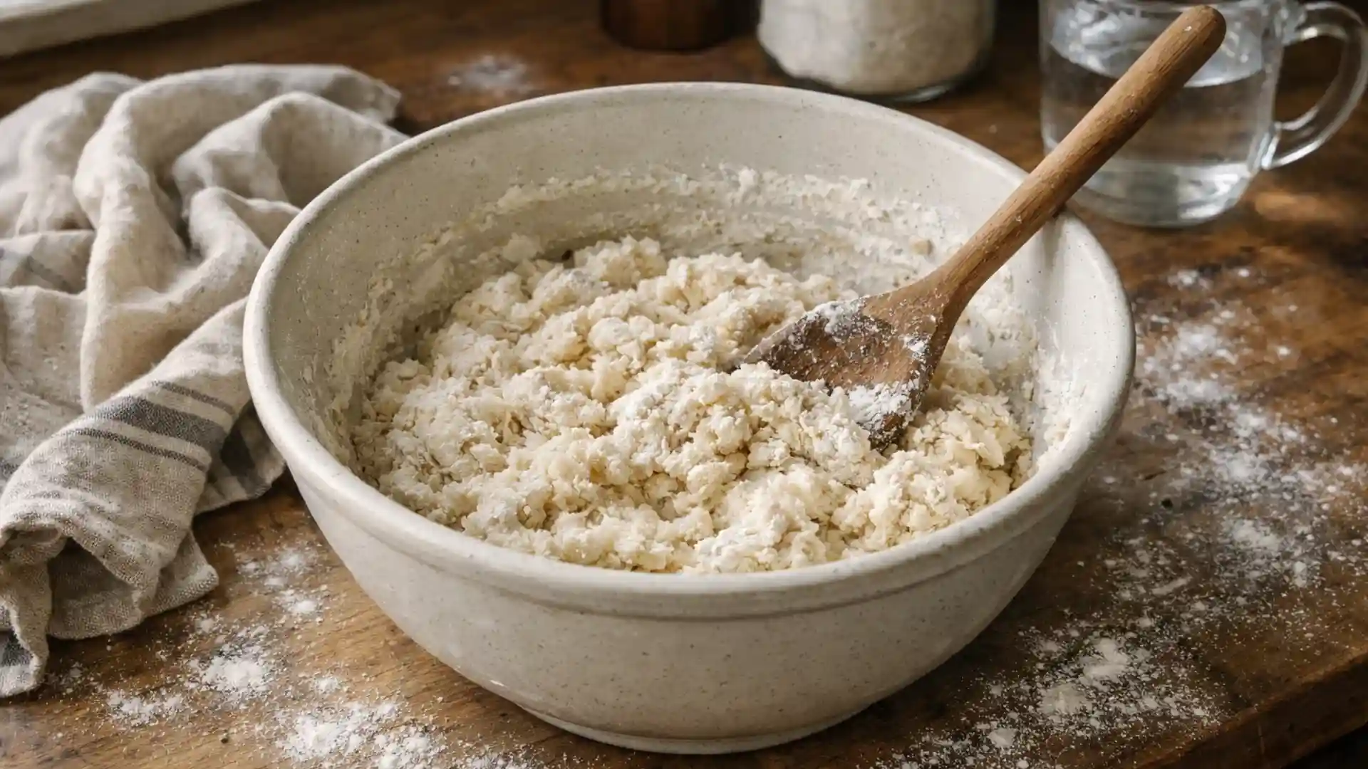 Mixing Dutch oven bread dough in a bowl.