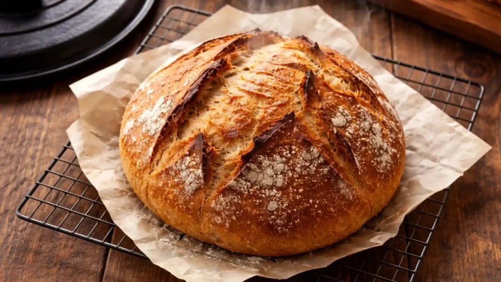 Crusty Dutch oven bread loaf fresh from the pot.