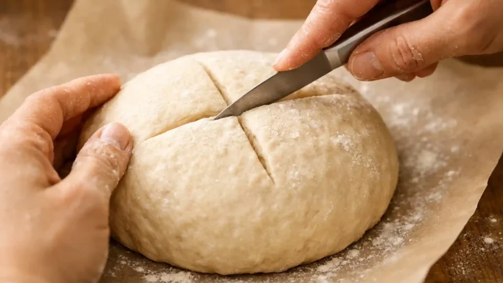 Shaping no-knead Dutch oven bread dough.