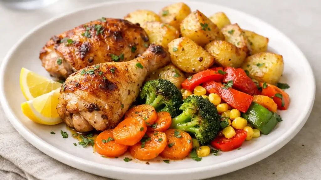 Roasted chicken and vegetables served on a plate.