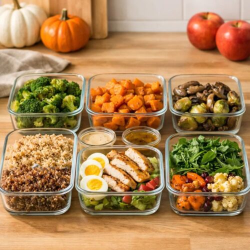 Fall meal prep bowls with seasonal ingredients.