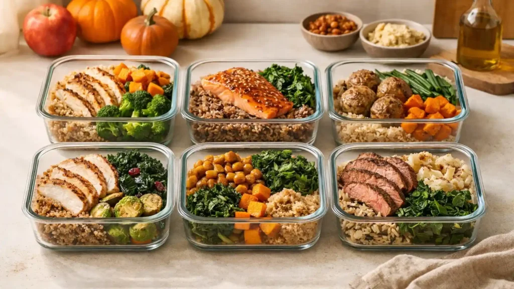 Healthy fall meal prep bowls with grains and vegetables.