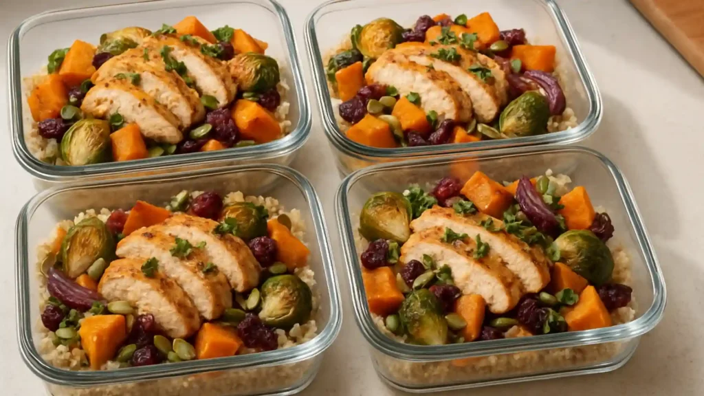Fall meal prep bowls with chicken, quinoa, and roasted vegetables.