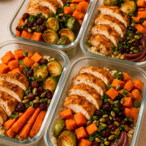Finished fall meal prep bowls.