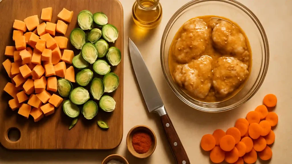 Fall meal prep with chicken and seasonal vegetables.
