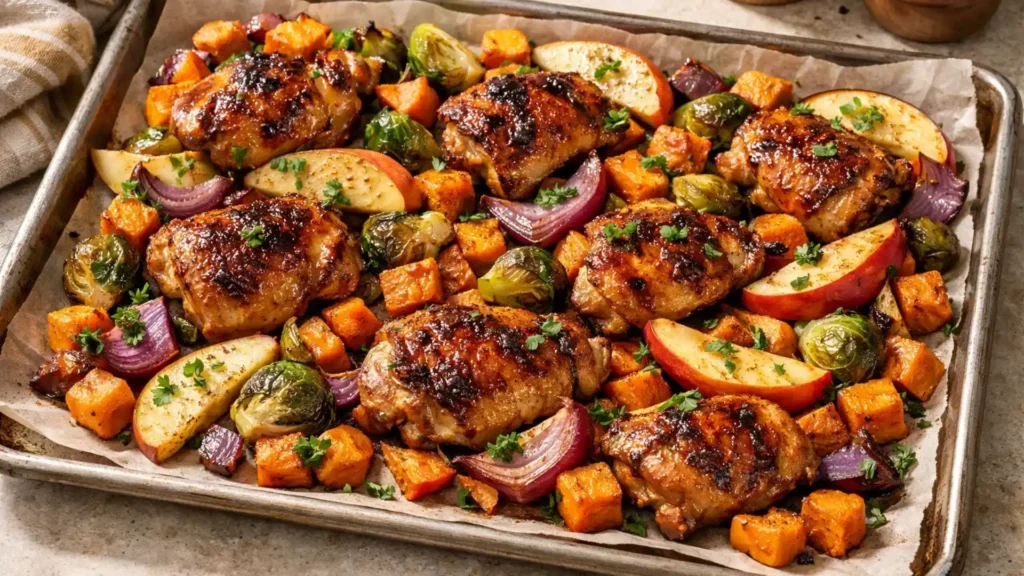 Fall harvest sheet pan dinner with chicken and vegetables.