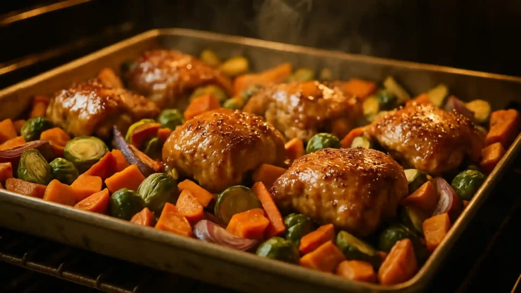 Sheet pan maple mustard chicken with roasted fall vegetables.