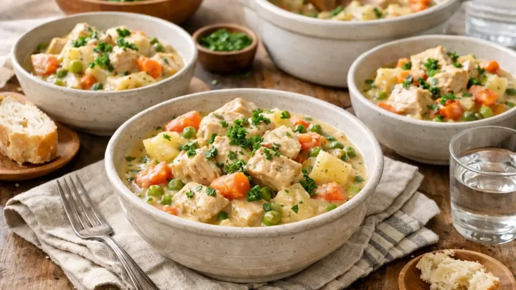 Finished crockpot chicken and vegetables served in bowls.