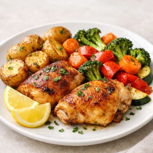 Finished healthy dinner served on a plate.