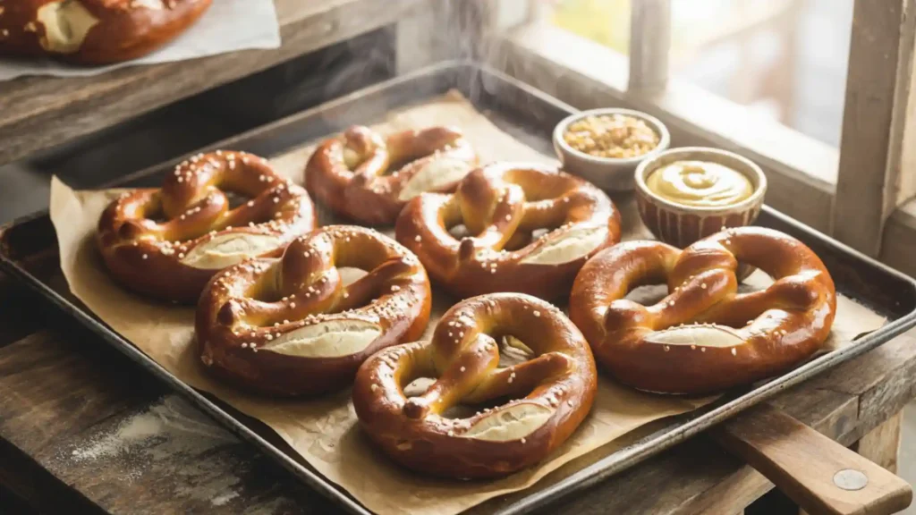 Golden sourdough pretzels fresh from the oven.