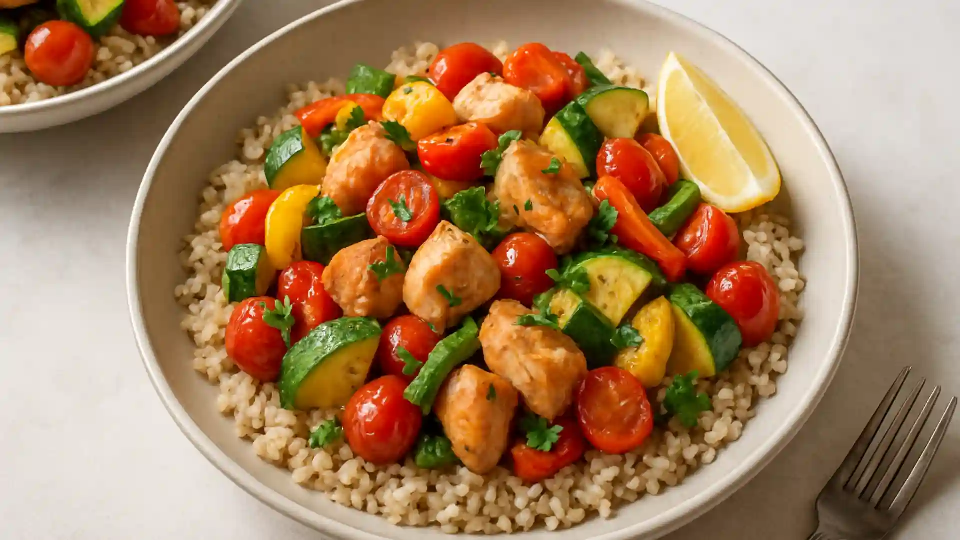 Healthy dinner ingredients with chicken and vegetables on a counter.