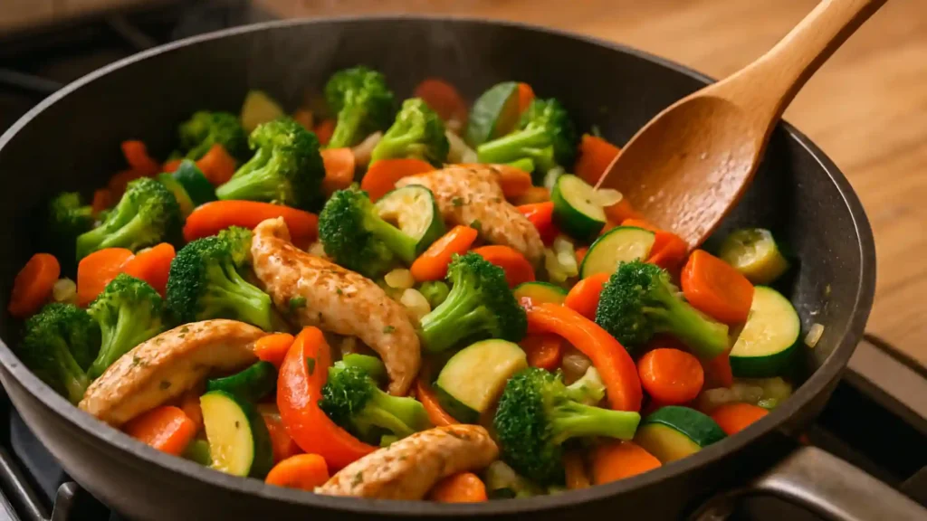 Chicken and vegetable skillet cooking on the stovetop.