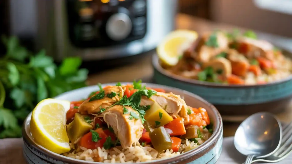Healthy crock pot chicken and vegetables served over brown rice.