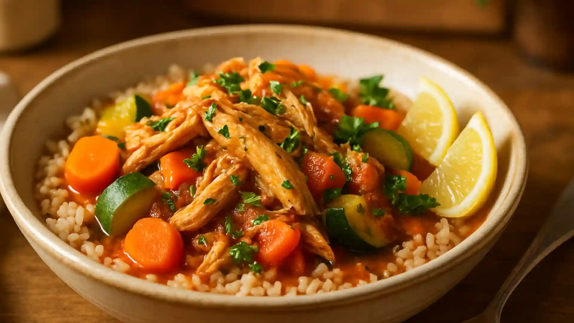 Healthy crockpot chicken dinner with vegetables and brown rice.